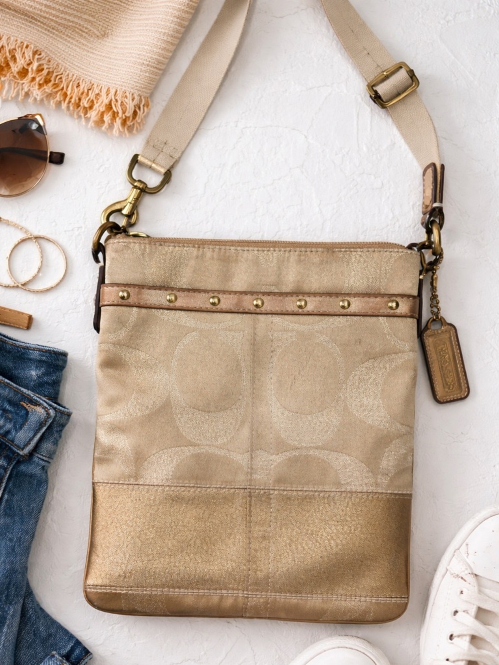 Coach Signature Gold Shimmer Swingpack Crossbody Bag 42020 Metallic Canvas